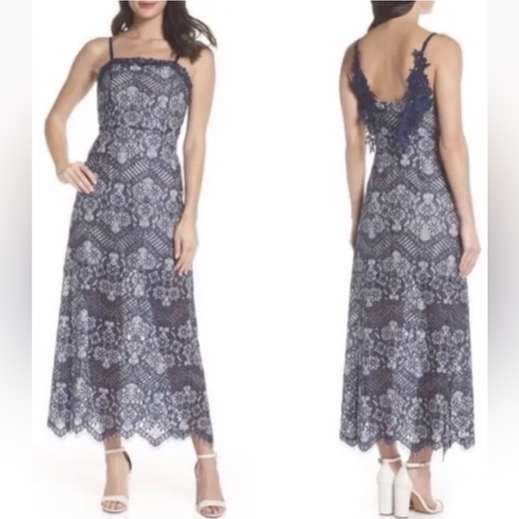 FOXIEDOX DALEYZA OPEN BACK LACE NAVY BLUE MIDI DRESS EUC sz S - Picture 10 of 11